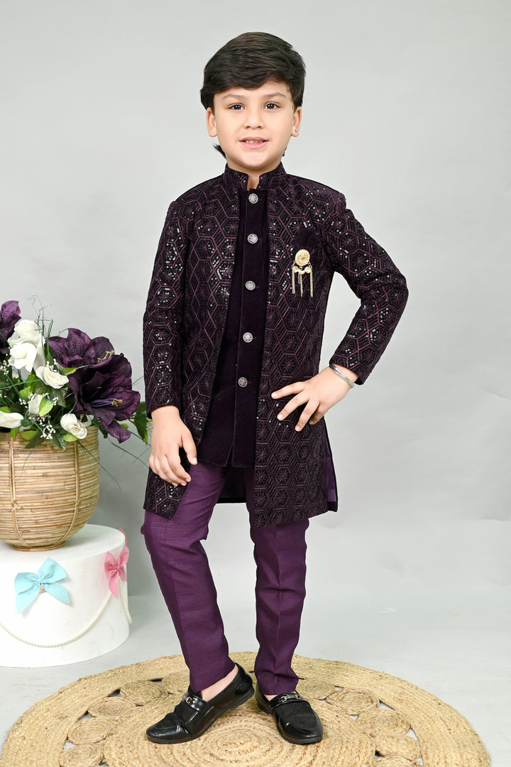 AHHAAAA Boys Velvet Embroidered 2-Piece Sherwani Set with Solid Pajama Pants – Elegant Traditional Outfit for Kids|573| Wine