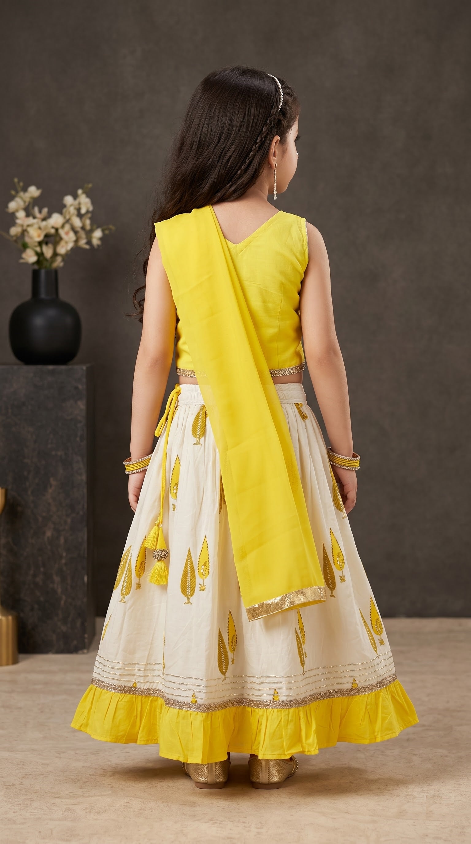 Ahhaaaa Girls 3-Piece Cotton Printed Lehenga Choli & Dupatta Set - Blue, Yellow (12M - 7Y)