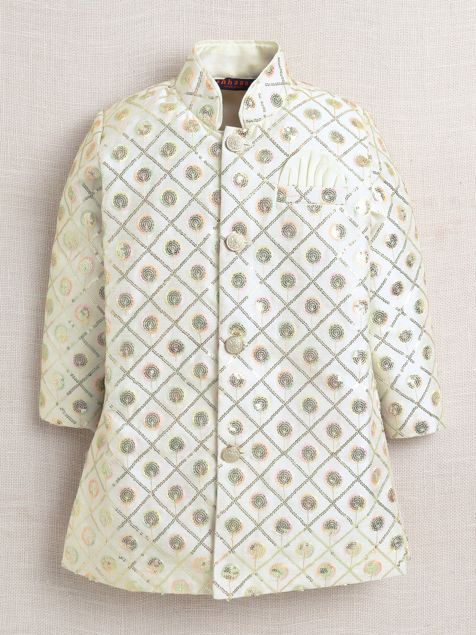 Ahhaaaa Woven Jacquard Boys Indo-Western Sherwani | Kids Kurta Pajama Set with Necklace for Festive, Wedding, Diwali, Eid