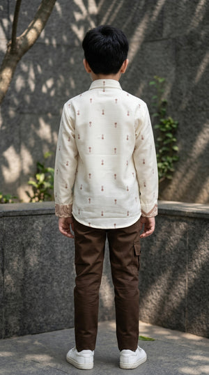 Ahhaaaa Boys Designer Paisley Print Shirt & Cargo Pant Set - Blue, Brown, Pink (2-8 Years)