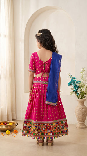 Ahhaaaa Girls' Traditional Dandiya Print Chaniya Choli | Festive Lehenga Blouse & Draped Dupatta 3-Piece Set