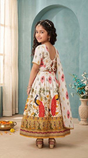 Ahhaaaa Girls' Peacock Kalamkari Print Chaniya Choli | Festive Lehenga Blouse & Draped Dupatta 3-Piece Set