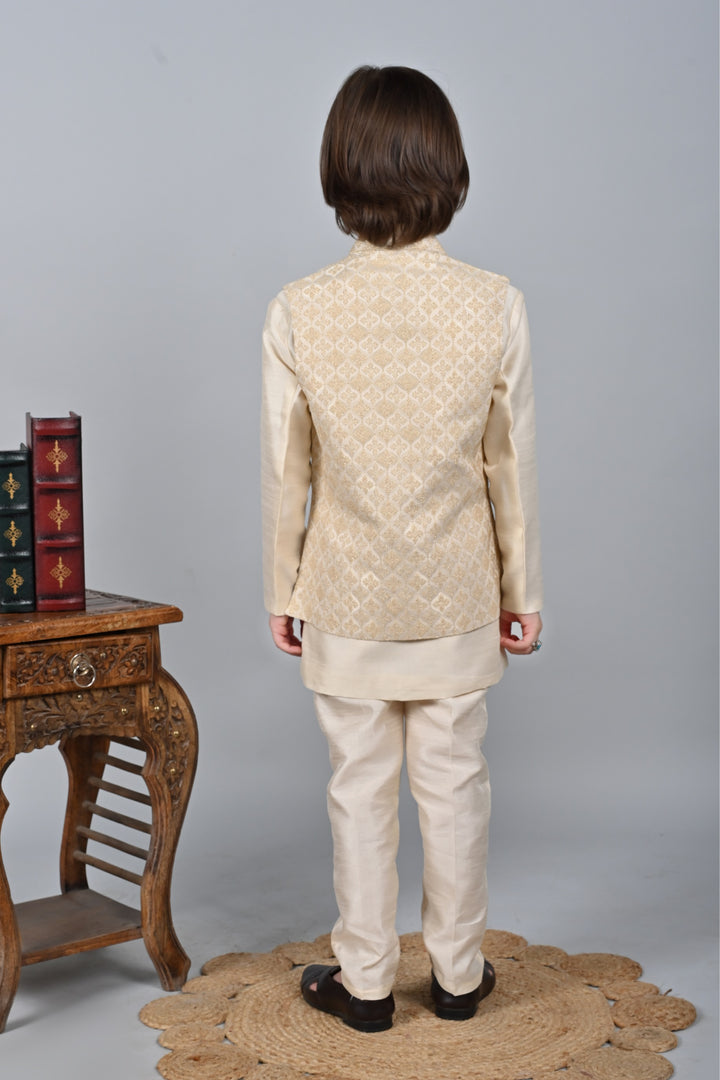 Ahhaaaa Kids Sequin Embedded Indo-Western Kurta, Pajama and Waistcoat Set for Boys