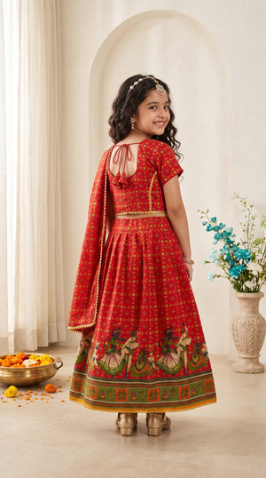 Ahhaaaa Girls' Traditional Dandiya Print Chaniya Choli | Festive Lehenga Blouse & Draped Dupatta 3-Piece Set