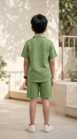 Ahhaaaa Boys Textured Co-ord Set with 3D Floral Embroidery - Shirt & Shorts (Brown, Green, Pink)