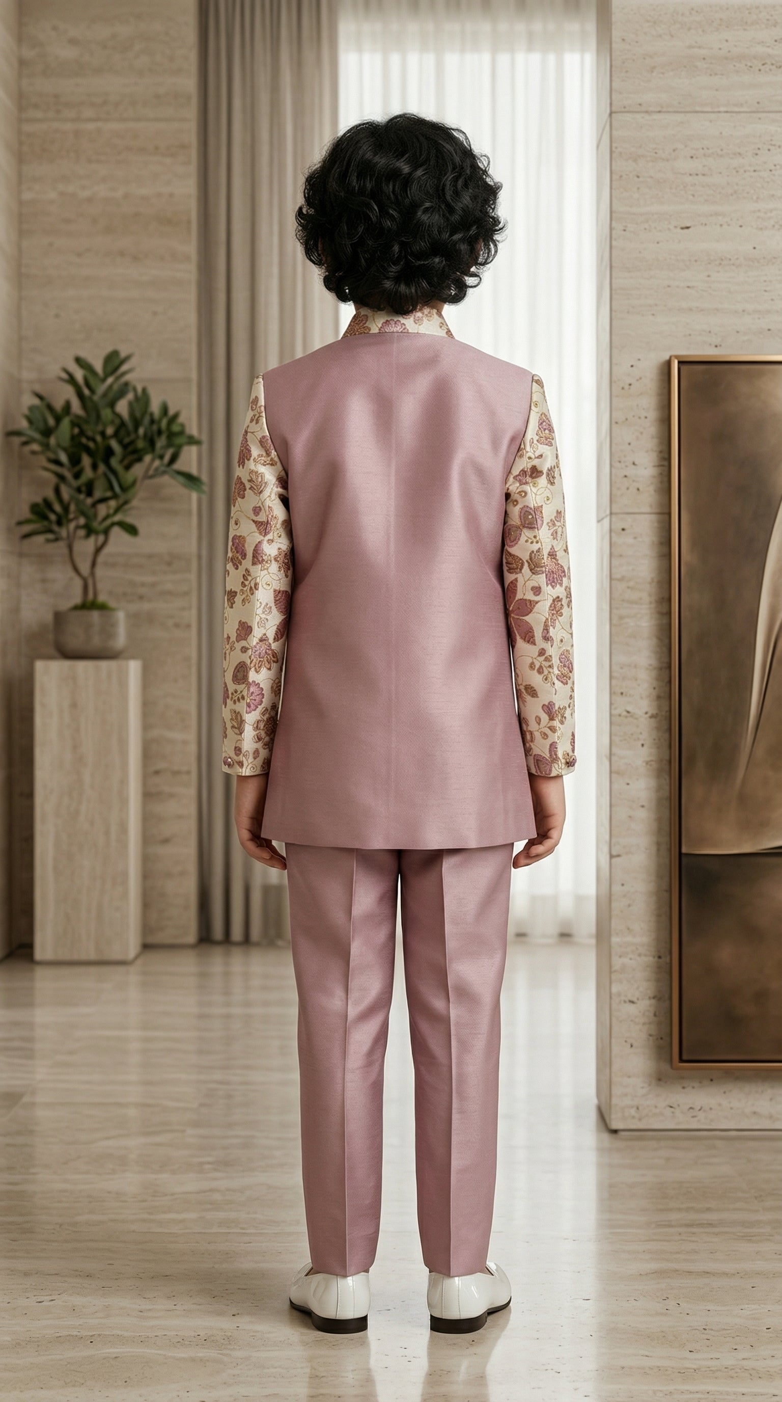 Ahhaaaa Boys 3-Piece Floral Zari Jacket, Sleeveless Kurta & Trouser Set - Blue, Pink, Turquoise