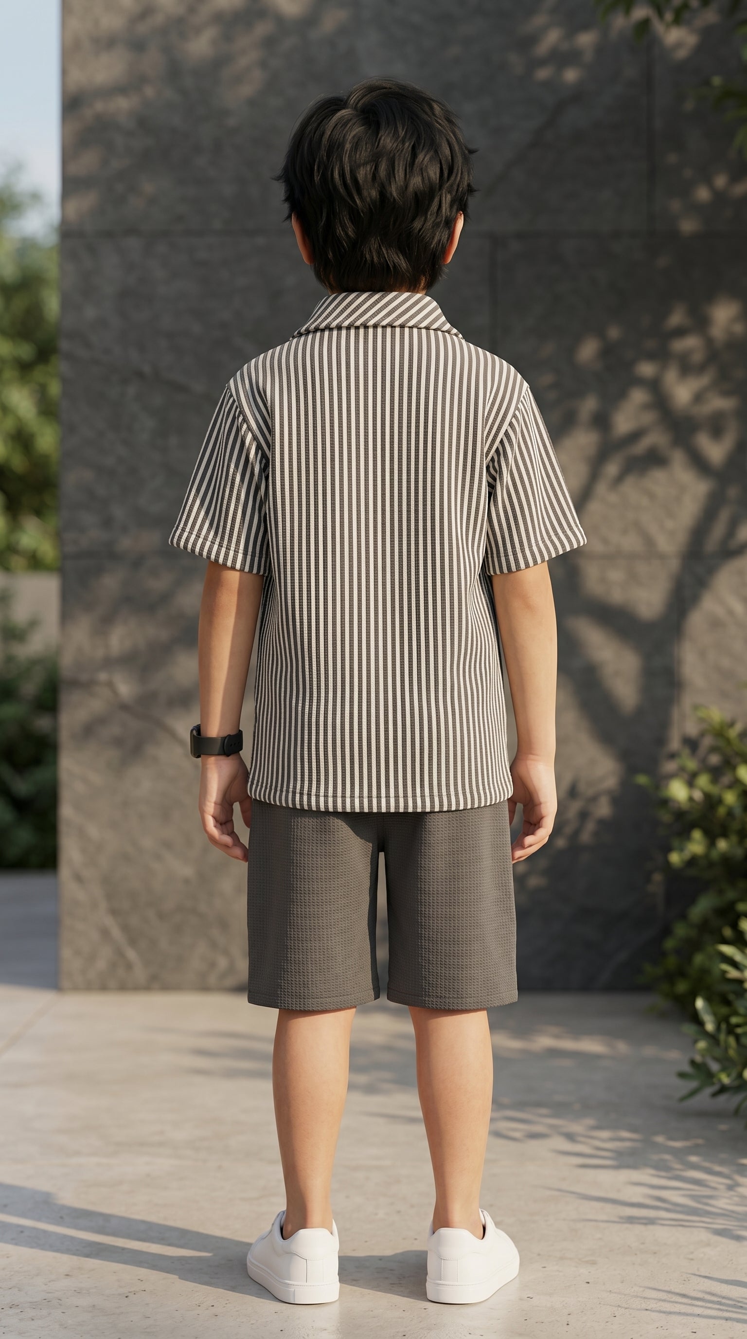 Ahhaaaa Boys 2-Piece Striped Textured Co-ord Set - Shirt & Shorts (Green, Pink, Grey)