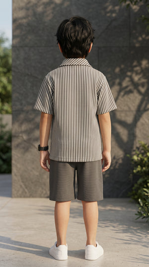 Ahhaaaa Boys 2-Piece Striped Textured Co-ord Set - Shirt & Shorts (Green, Pink, Grey)