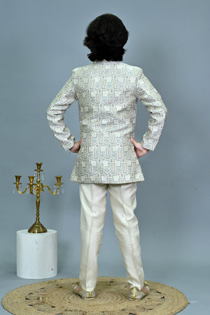 Ahhaaaa Boys Printed Jacquard Indo Western Sherwani Set Jodhpuri Suit Style Kurta Pyjama for kids