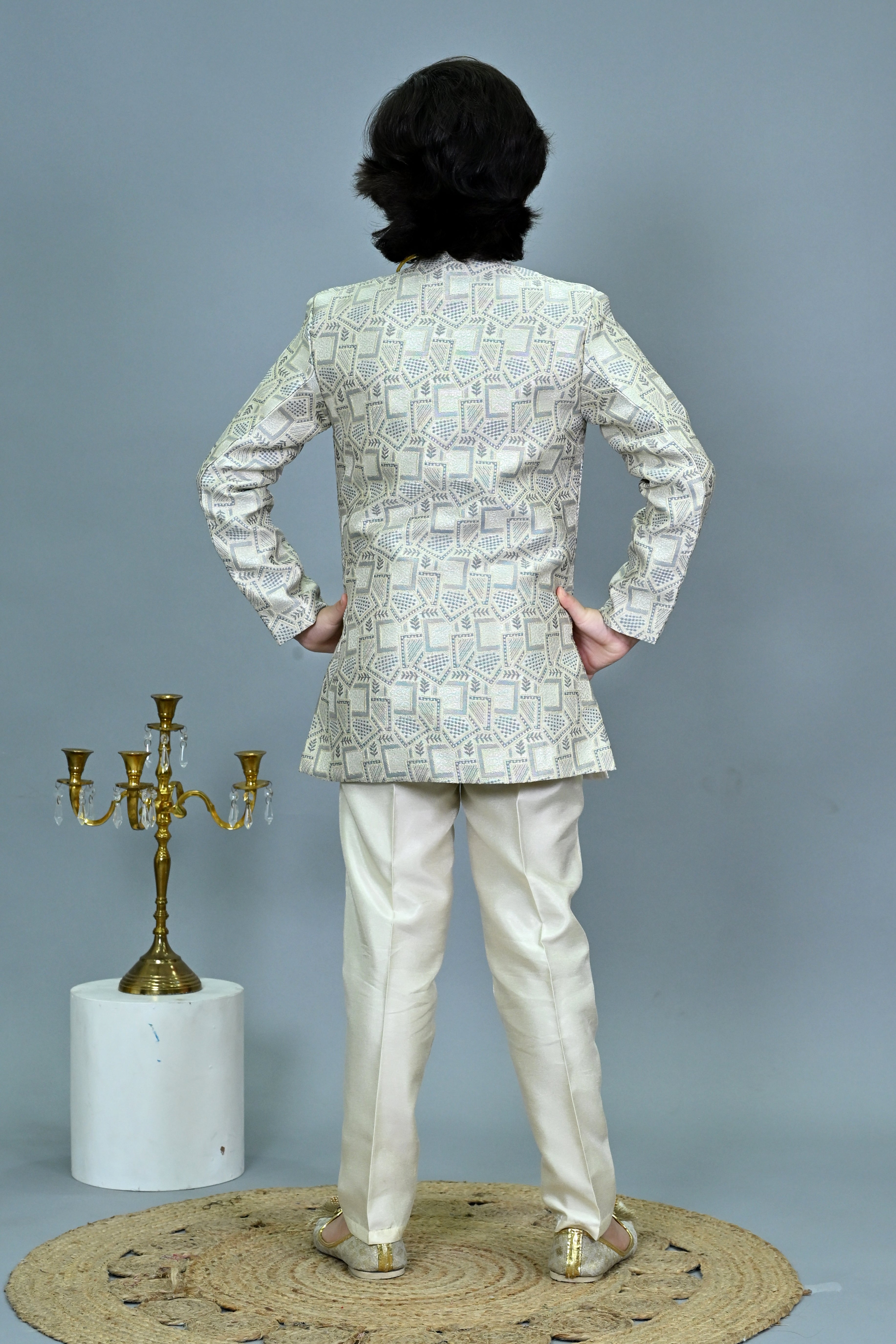 Ahhaaaa Boys Printed Jacquard Indo Western Sherwani Set Jodhpuri Suit Style Kurta Pyjama for kids