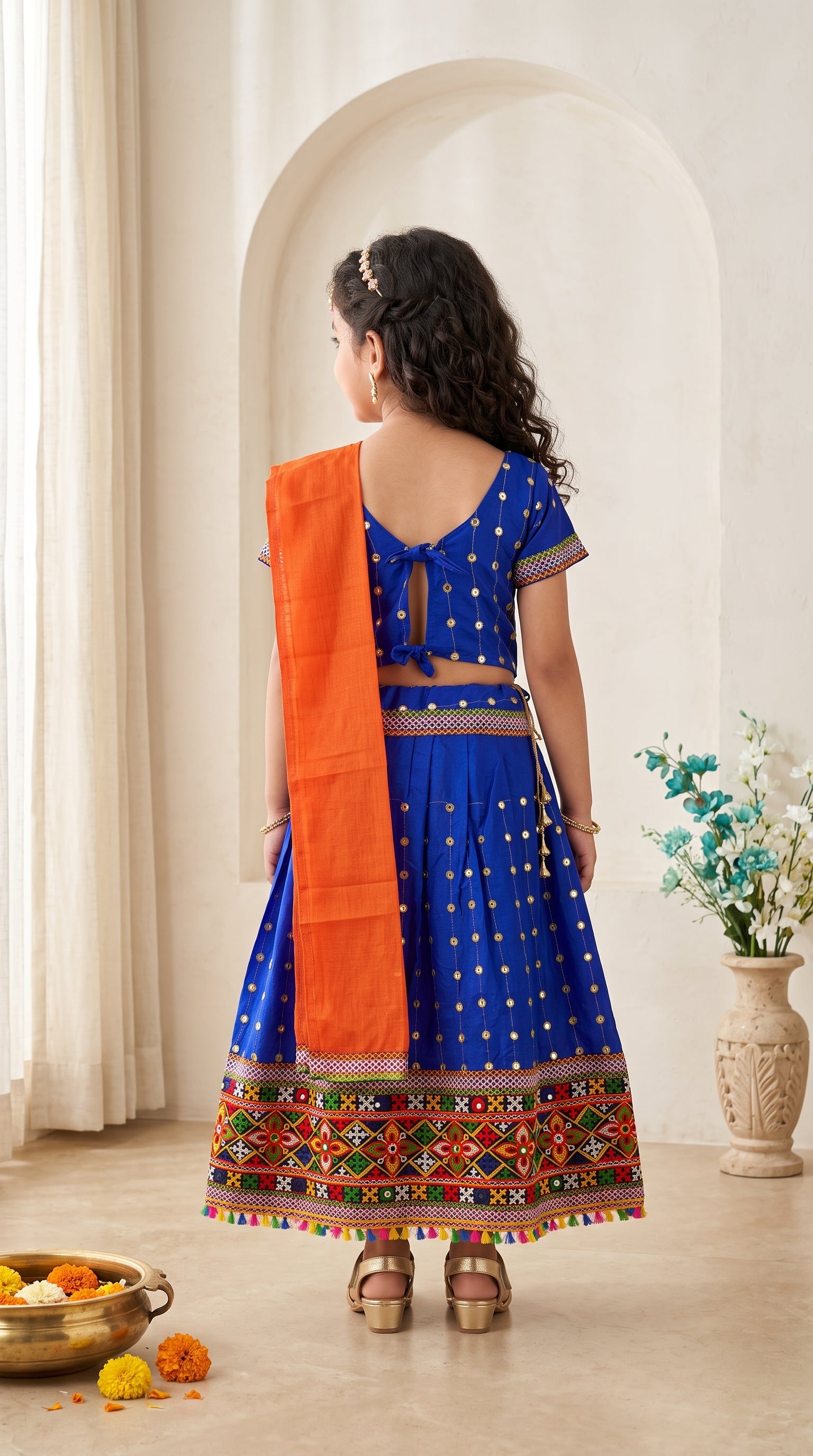 Ahhaaaa Girls' Traditional Dandiya Print Chaniya Choli | Festive Lehenga Blouse & Draped Dupatta 3-Piece Set
