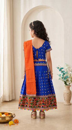 Ahhaaaa Girls' Traditional Dandiya Print Chaniya Choli | Festive Lehenga Blouse & Draped Dupatta 3-Piece Set