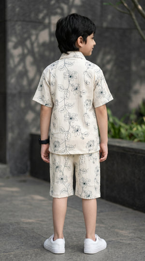 Ahhaaaa Boys 2-Piece Botanical Line-Art Co-ord Set - Shirt & Shorts (Green, Grey, Purple)