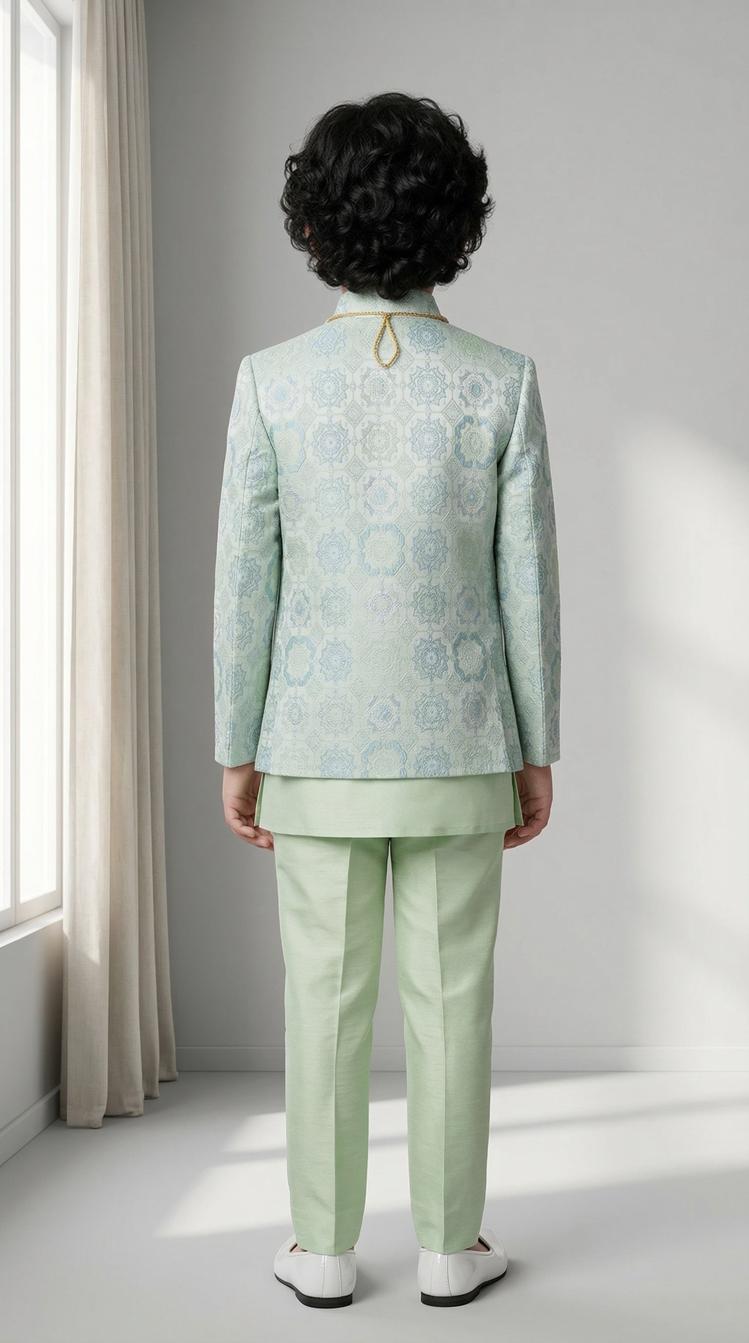 Ahhaaaa Boys' Royal Ethnic Printed Blazer with Sleeveless Kurta, Trouser & Maala Set (2-10 Years)