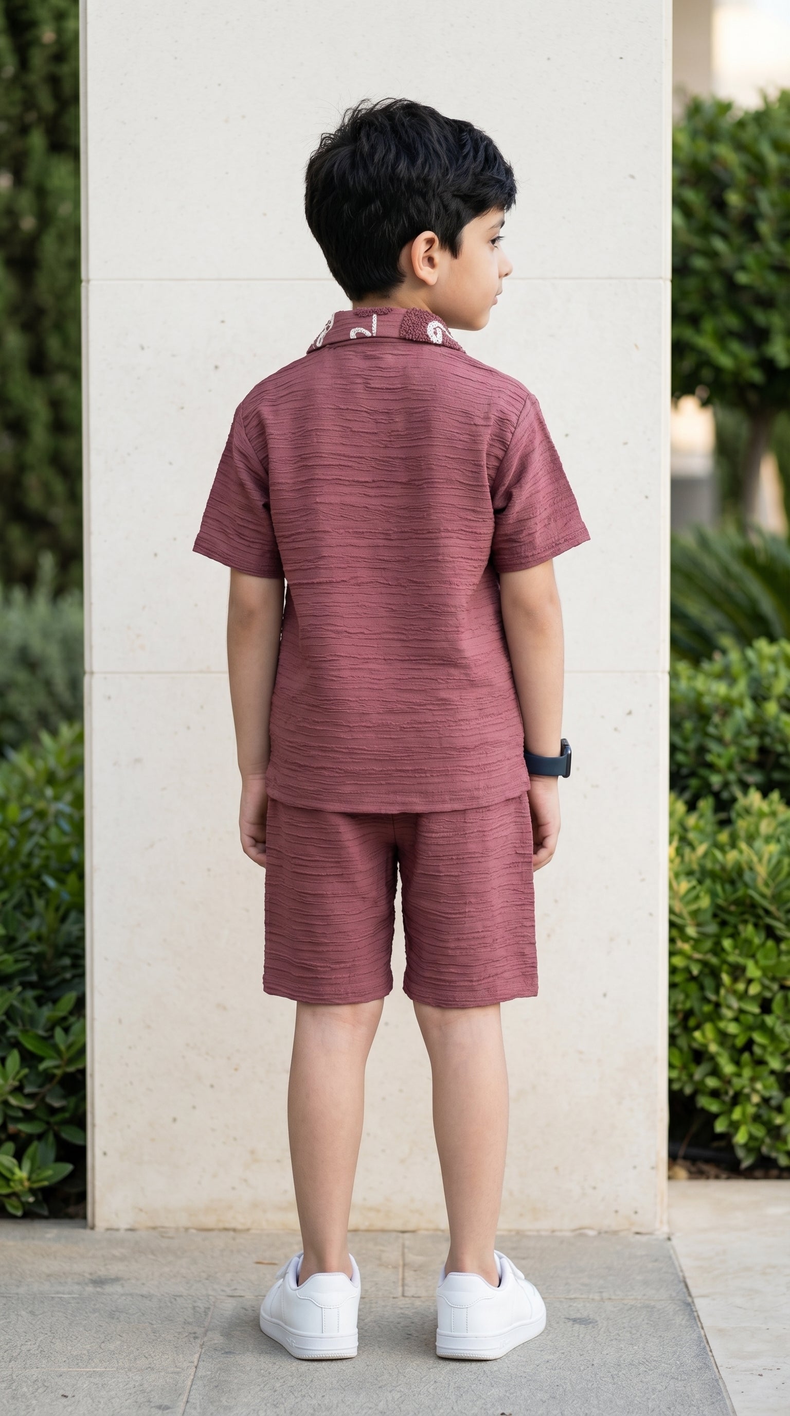 Ahhaaaa Boys Textured Co-ord Set with 3D Floral Embroidery - Shirt & Shorts (Brown, Green, Pink)