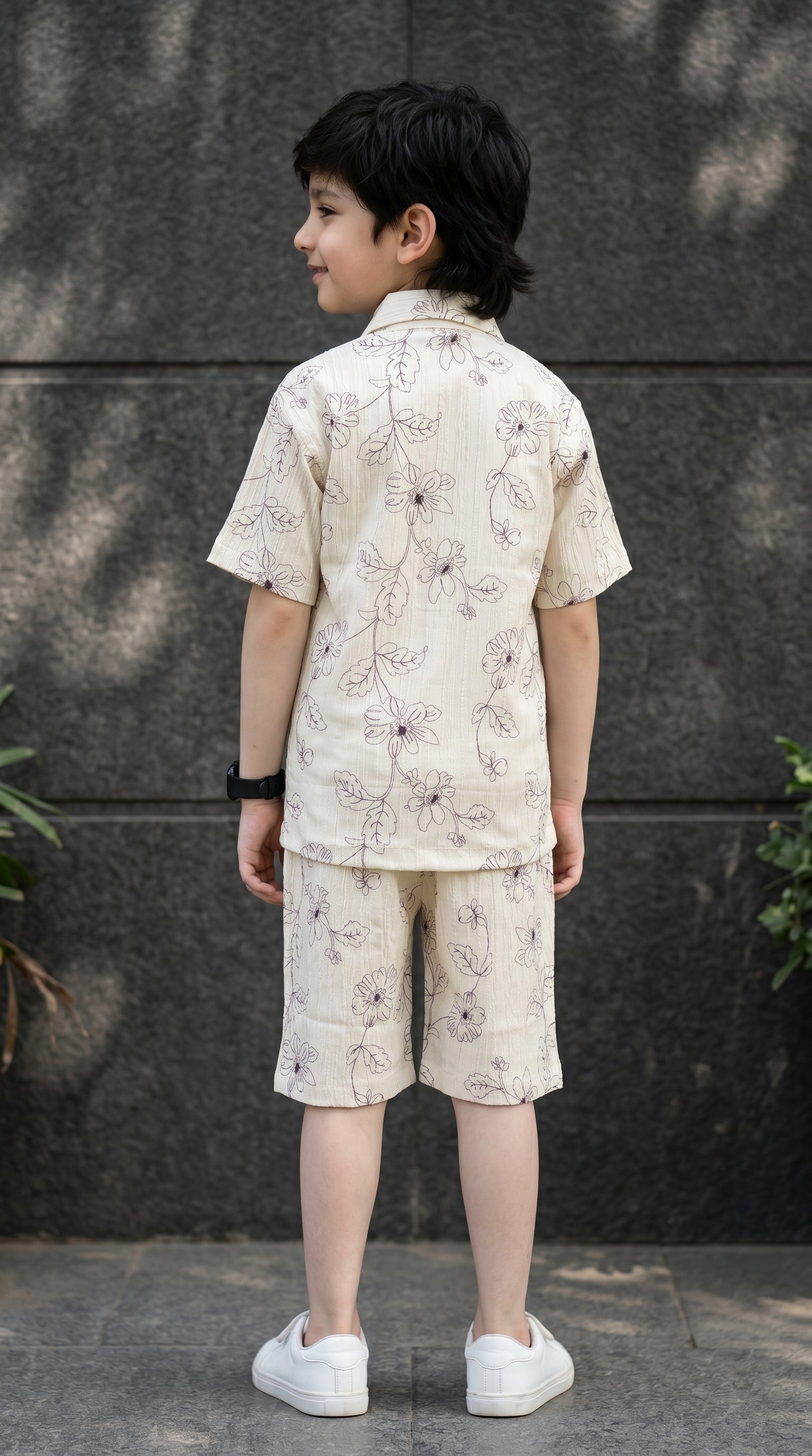 Ahhaaaa Boys 2-Piece Botanical Line-Art Co-ord Set - Shirt & Shorts (Green, Grey, Purple)