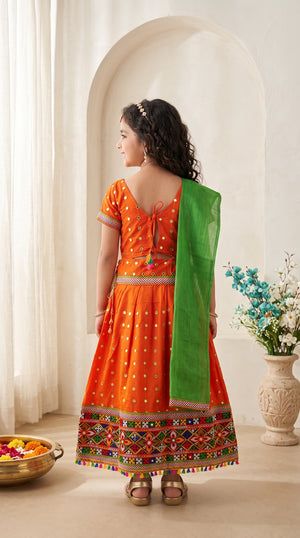Ahhaaaa Girls' Traditional Dandiya Print Chaniya Choli | Festive Lehenga Blouse & Draped Dupatta 3-Piece Set