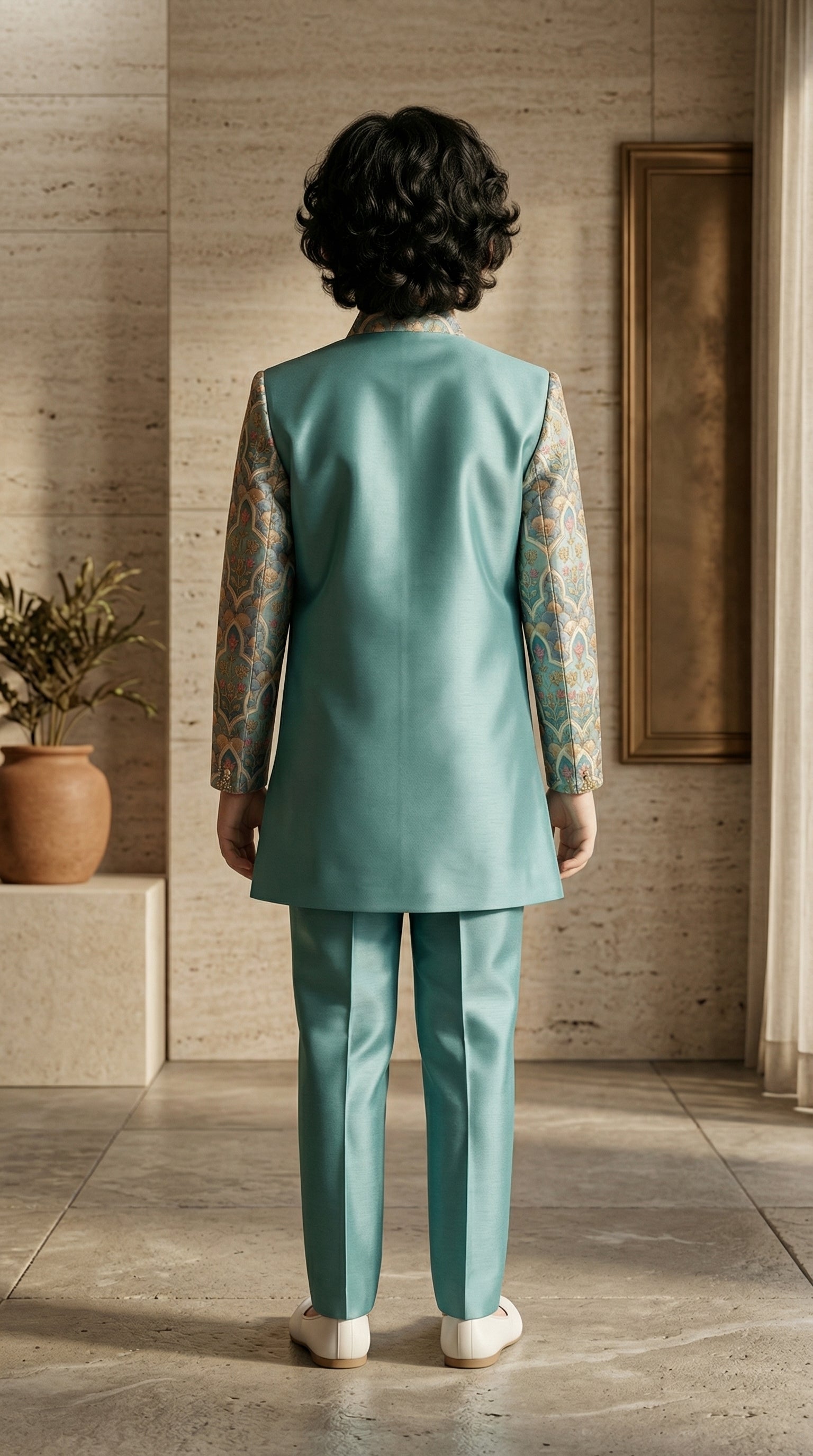 Ahhaaaa Boys Designer Indo-Western Jacket Set with Brooch & Jeweled Buttons (2-11 Years)