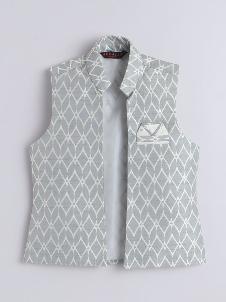 Ahhaaaa Boys' Silk 3-Piece Kurta Set with Printed Kurta, Waistcoat & Solid Pajama Pants for Weddings & Celebrations