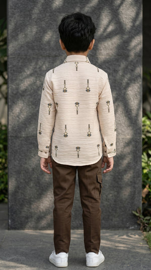 Ahhaaaa Boys Textured Ombre Drop Motif Shirt & Cargo Pant Set - Brown, Green, Pink (2-8 Years)