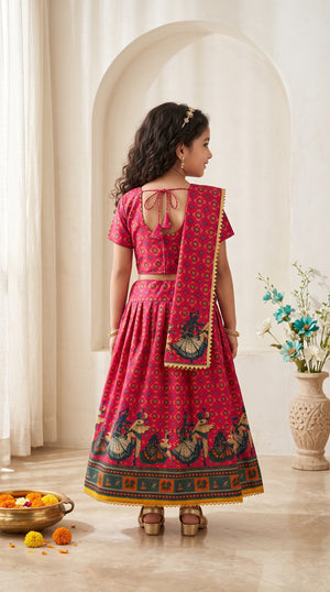 Ahhaaaa Girls' Traditional Dandiya Print Chaniya Choli | Festive Lehenga Blouse & Draped Dupatta 3-Piece Set