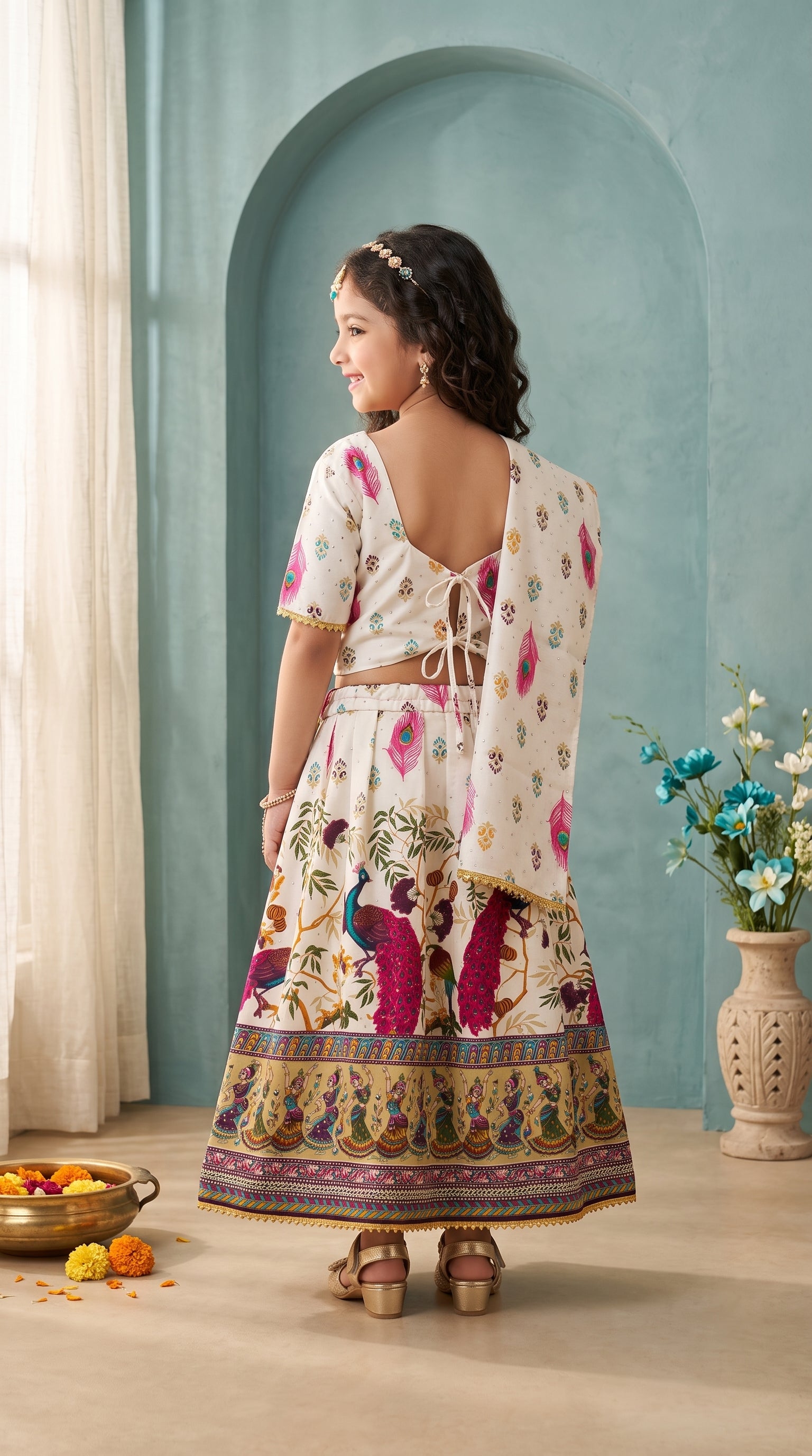Ahhaaaa Girls' Peacock Kalamkari Print Chaniya Choli | Festive Lehenga Blouse & Draped Dupatta 3-Piece Set