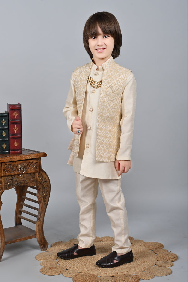 Ahhaaaa Kids Sequin Embedded Indo-Western Kurta, Pajama and Waistcoat Set for Boys