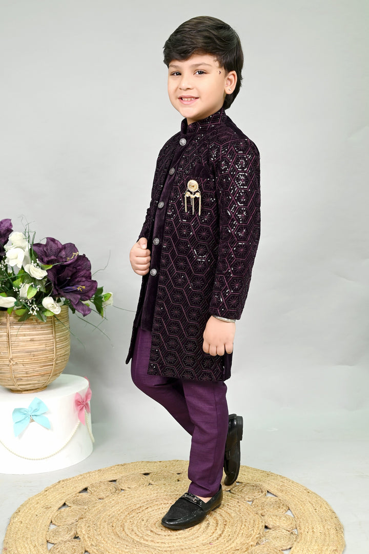 AHHAAAA Boys Velvet Embroidered 2-Piece Sherwani Set with Solid Pajama Pants – Elegant Traditional Outfit for Kids|573|