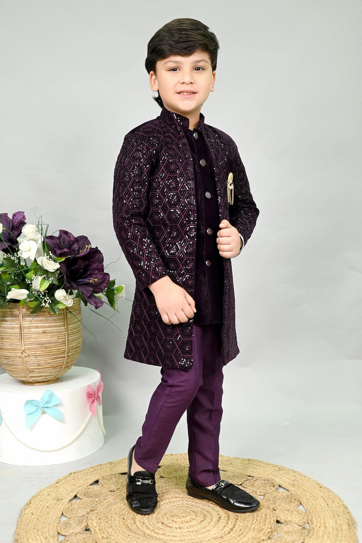 AHHAAAA Boys Velvet Embroidered 2-Piece Sherwani Set with Solid Pajama Pants – Elegant Traditional Outfit for Kids|573|