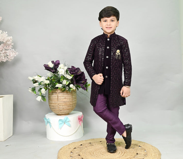 AHHAAAA Boys Velvet Embroidered 2-Piece Sherwani Set with Solid Pajama Pants – Elegant Traditional Outfit for Kids|573|