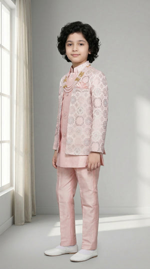Ahhaaaa Boys' Royal Ethnic Printed Blazer with Sleeveless Kurta, Trouser & Maala Set (2-10 Years)