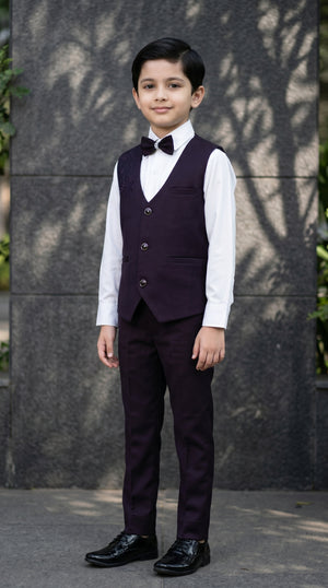 Ahhaaaa Boys 3-Piece Formal Waistcoat Suit Set with Shirt & Bow Tie - Black, Navy, Wine (2-8 Years)