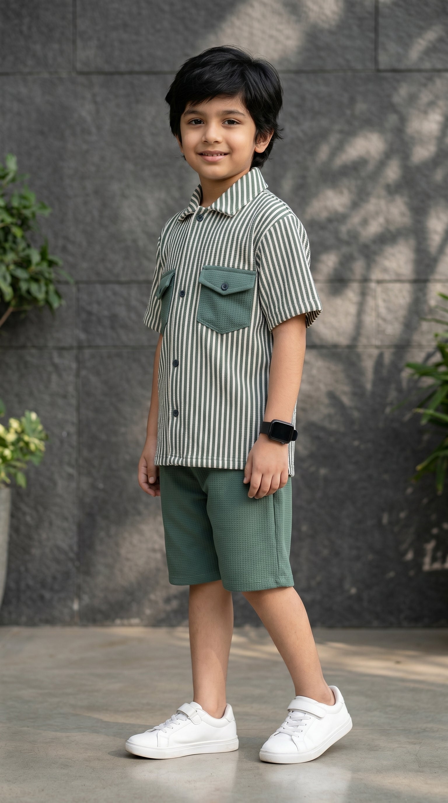 Ahhaaaa Boys 2-Piece Striped Textured Co-ord Set - Shirt & Shorts (Green, Pink, Grey)