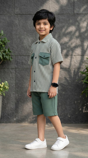 Ahhaaaa Boys 2-Piece Striped Textured Co-ord Set - Shirt & Shorts (Green, Pink, Grey)