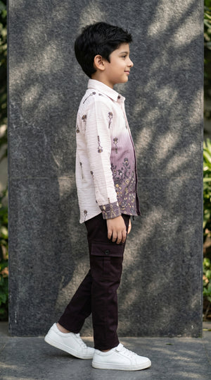 Ahhaaaa Boys Textured Ombre Drop Motif Shirt & Cargo Pant Set - Brown, Green, Pink (2-8 Years)