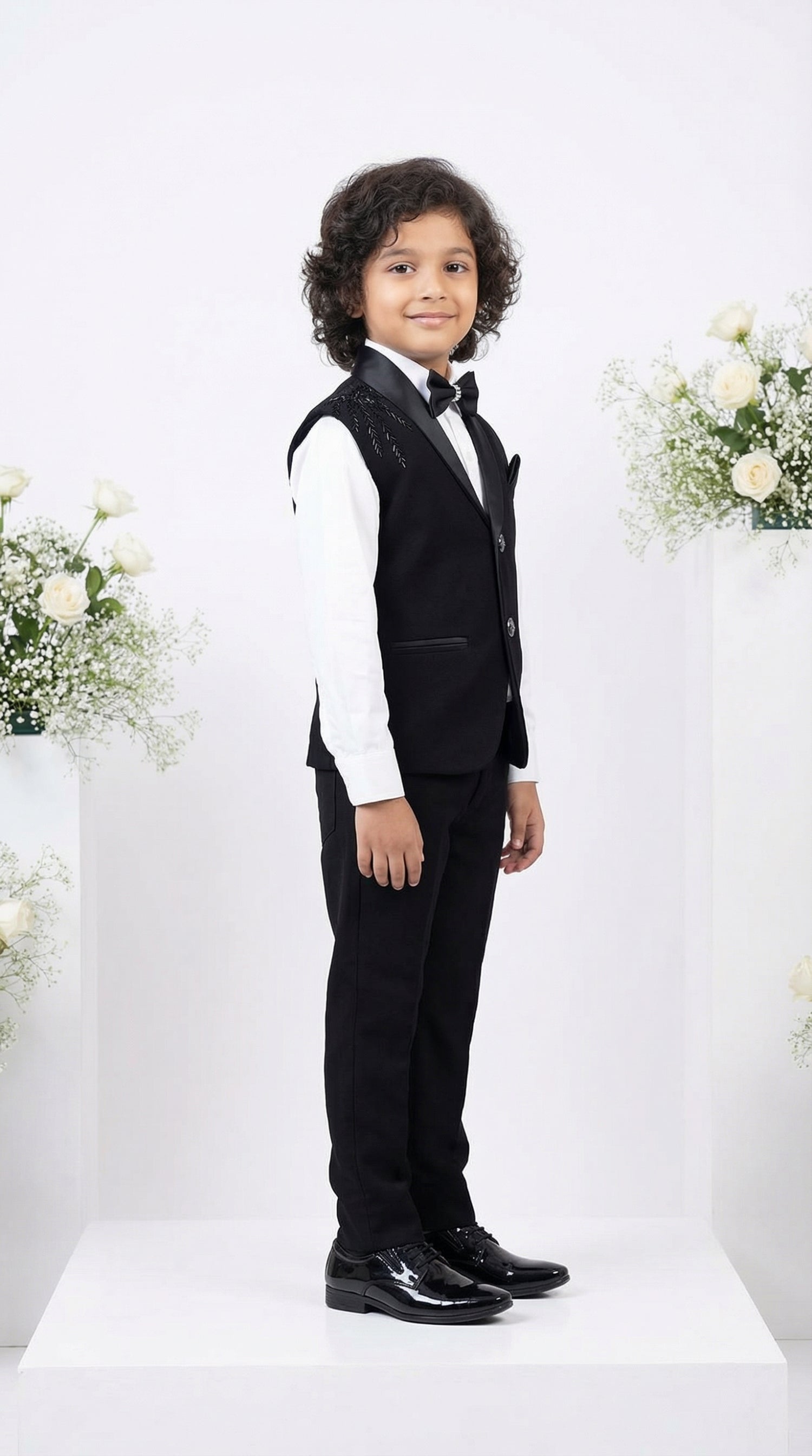 Ahhaaaa Boys Luxury Black Japani Silk Tuxedo Suit with Shoulder Embroidery (2-8 Years)