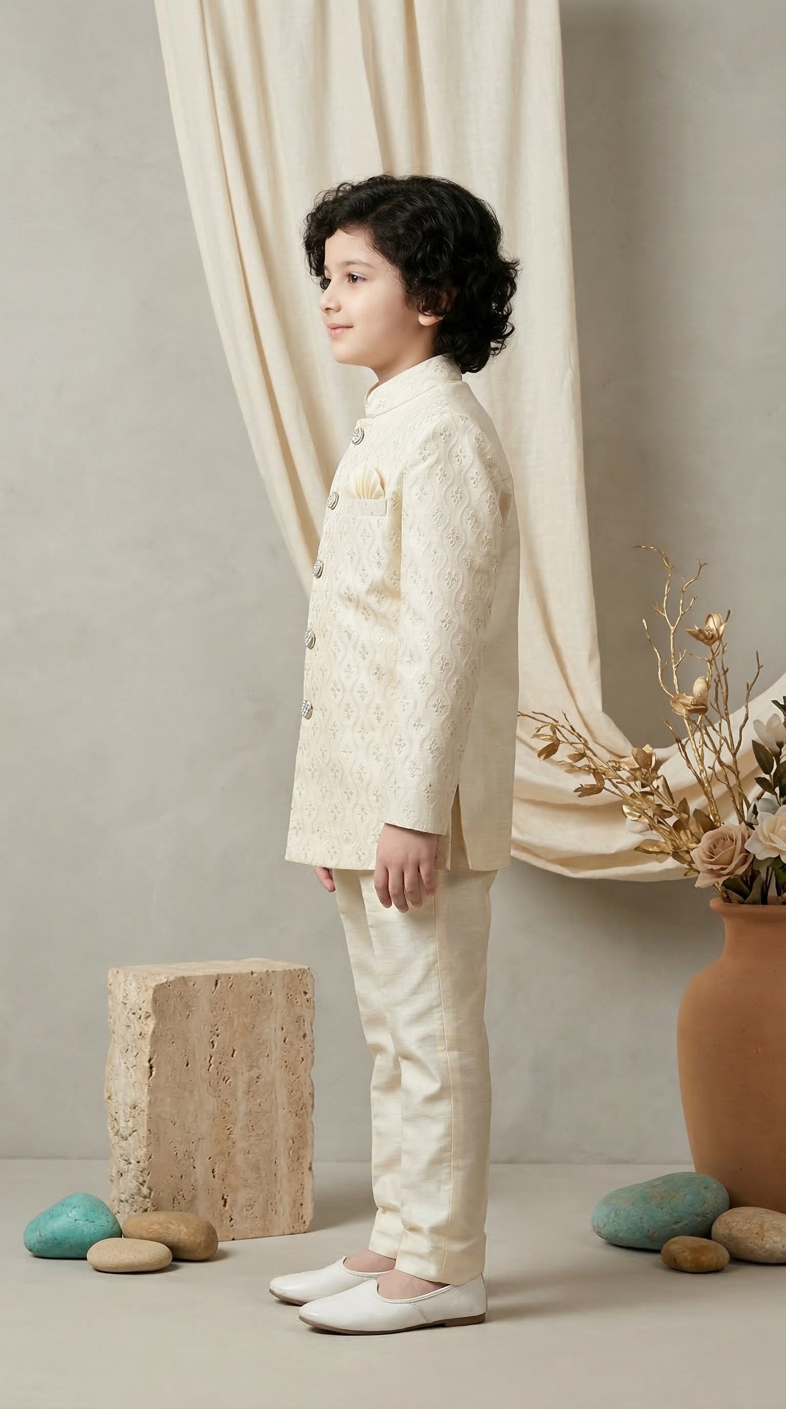 Ahhaaaa Boys Designer Jodhpuri Bandhgala Suit Set - Green, Pink, Cream (2-11 Years)