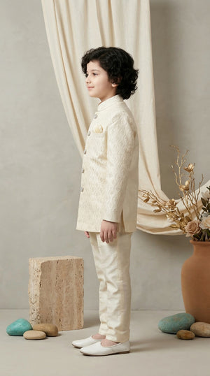 Ahhaaaa Boys Designer Jodhpuri Bandhgala Suit Set - Green, Pink, Cream (2-11 Years)