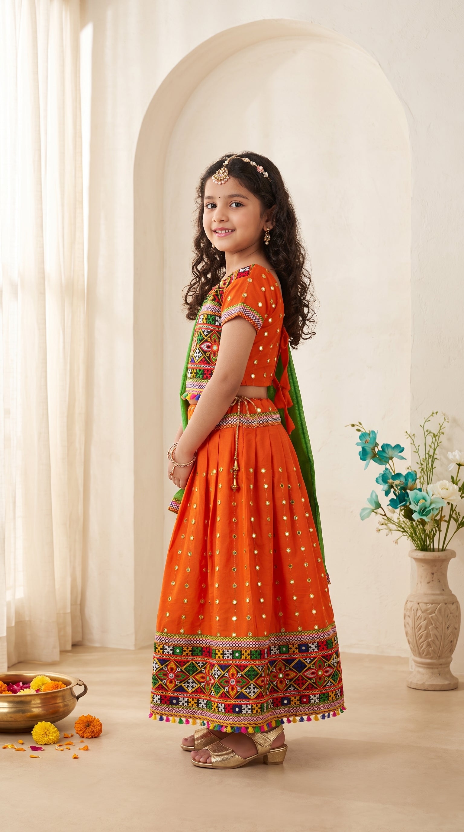 Ahhaaaa Girls' Traditional Dandiya Print Chaniya Choli | Festive Lehenga Blouse & Draped Dupatta 3-Piece Set