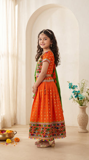 Ahhaaaa Girls' Traditional Dandiya Print Chaniya Choli | Festive Lehenga Blouse & Draped Dupatta 3-Piece Set