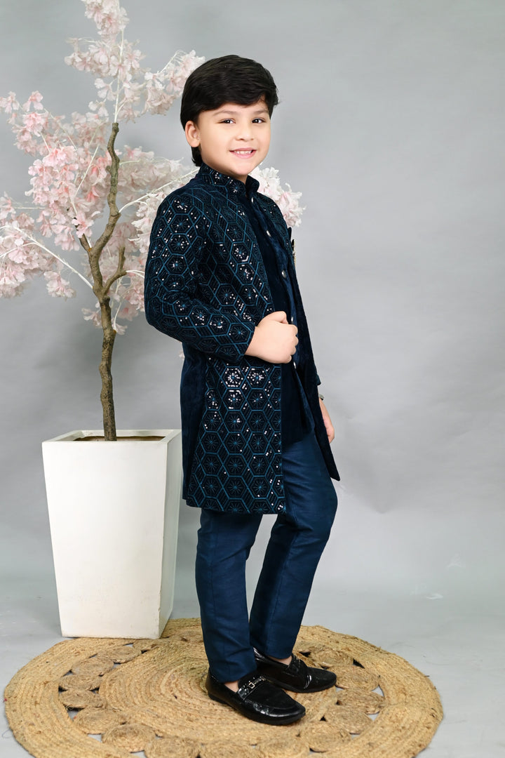 AHHAAAA Boys Velvet Embroidered 2-Piece Sherwani Set with Solid Pajama Pants – Elegant Traditional Outfit for Kids|573|