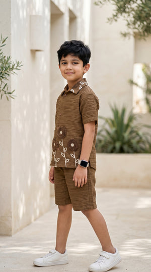 Ahhaaaa Boys Textured Co-ord Set with 3D Floral Embroidery - Shirt & Shorts (Brown, Green, Pink)