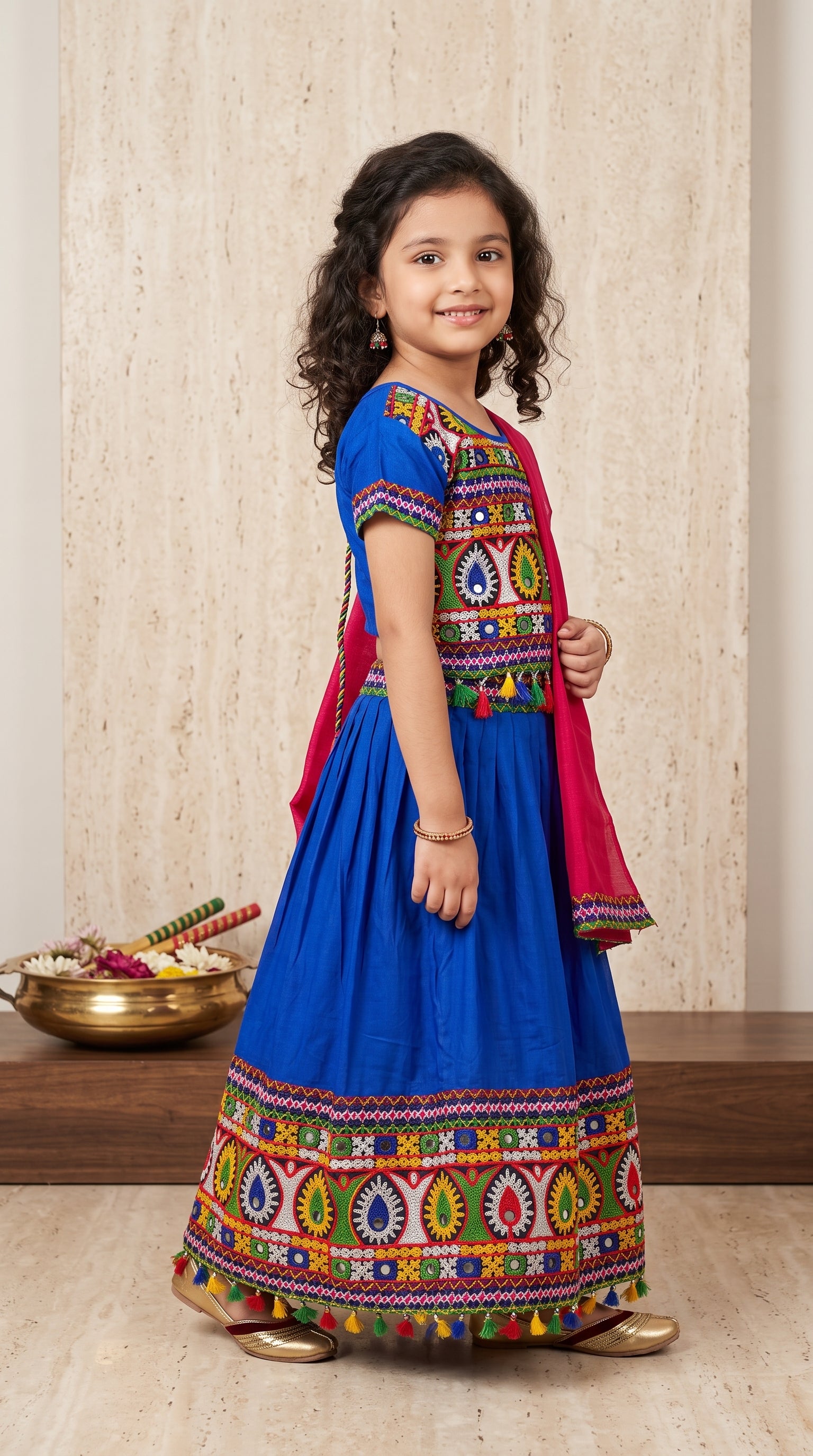 Ahhaaaa Girls' Traditional Embroidered Navratri Chaniya Choli | Festive Lehenga Blouse & Dupatta 3-Piece Set