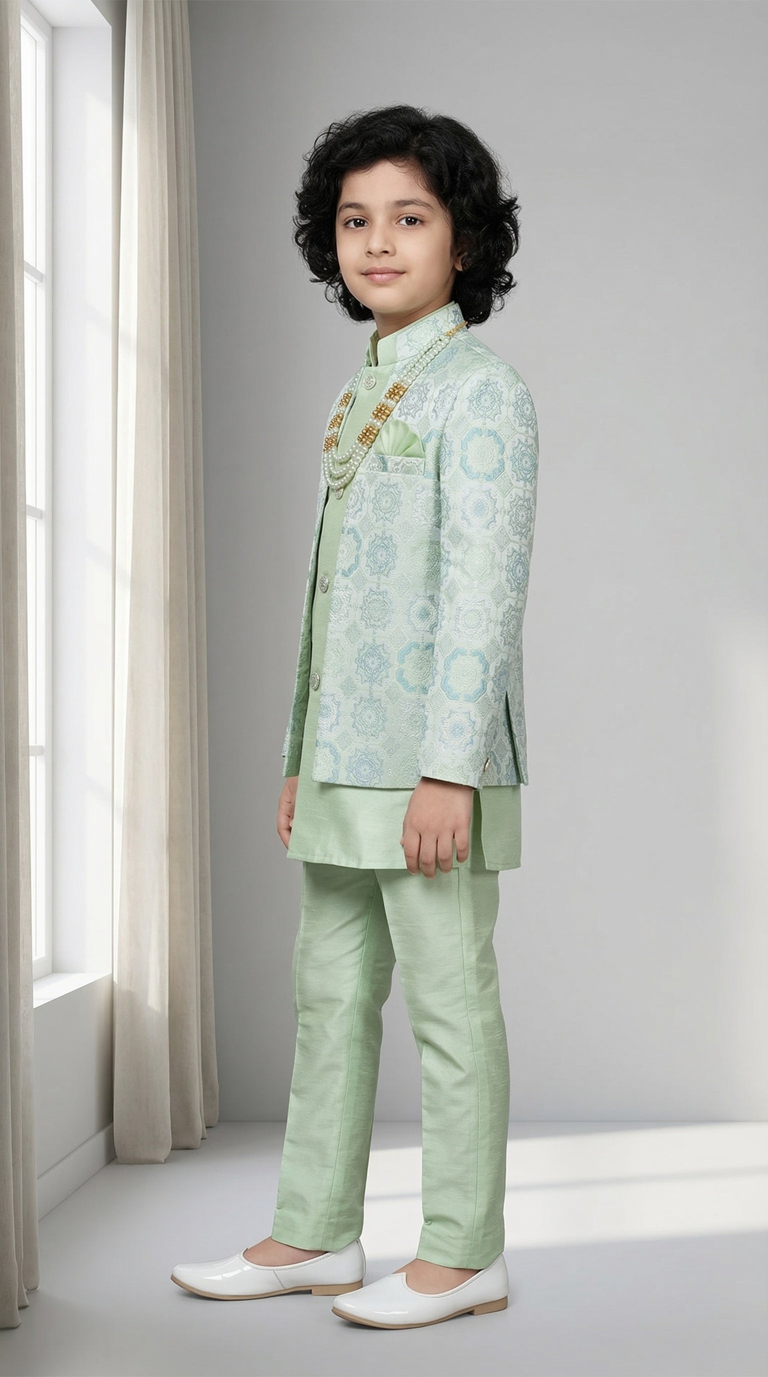 Ahhaaaa Boys' Royal Ethnic Printed Blazer with Sleeveless Kurta, Trouser & Maala Set (2-10 Years)