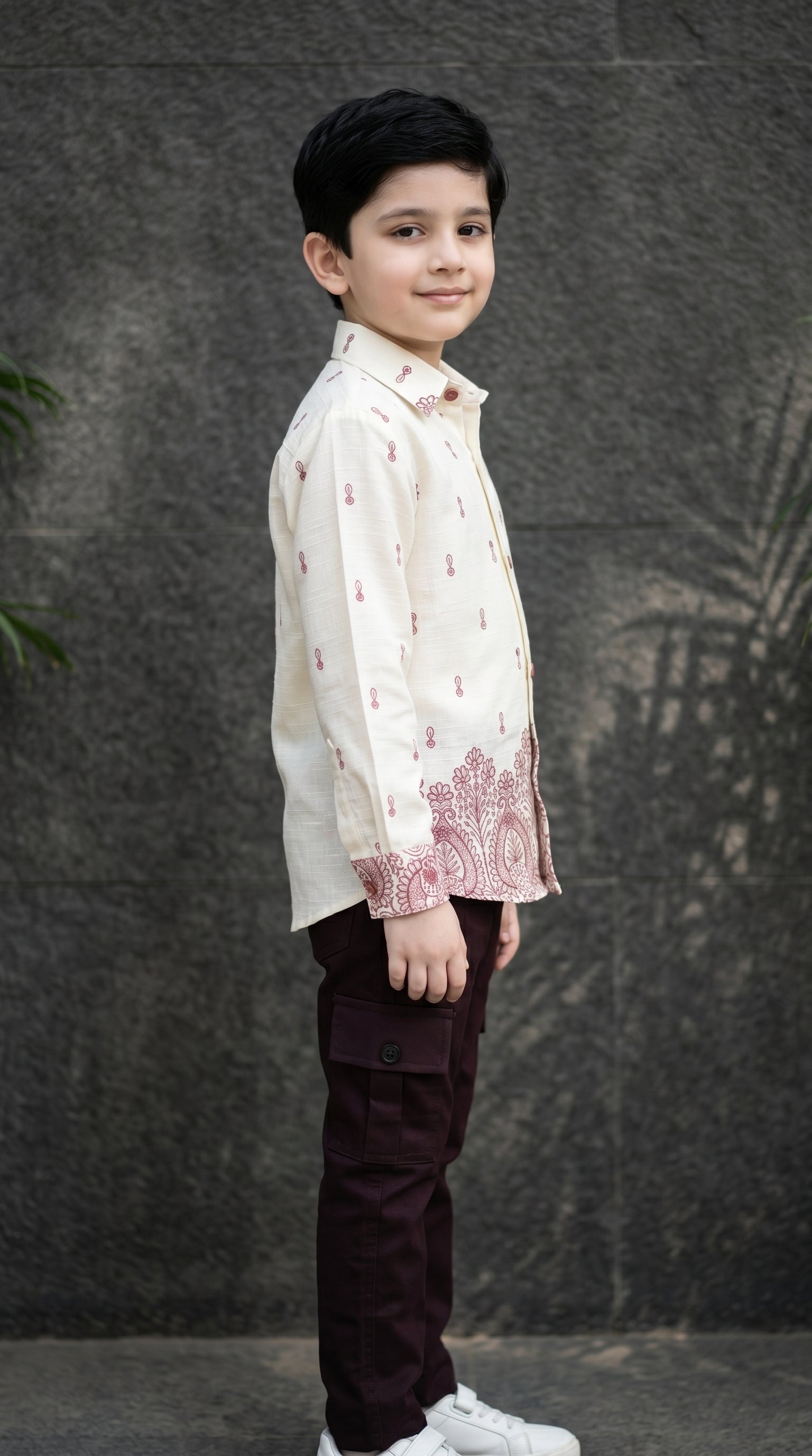 Ahhaaaa Boys Designer Paisley Print Shirt & Cargo Pant Set - Blue, Brown, Pink (2-8 Years)