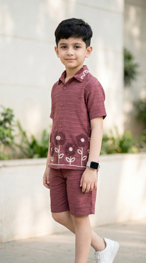 Ahhaaaa Boys Textured Co-ord Set with 3D Floral Embroidery - Shirt & Shorts (Brown, Green, Pink)