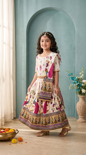 Ahhaaaa Girls' Peacock Kalamkari Print Chaniya Choli | Festive Lehenga Blouse & Draped Dupatta 3-Piece Set