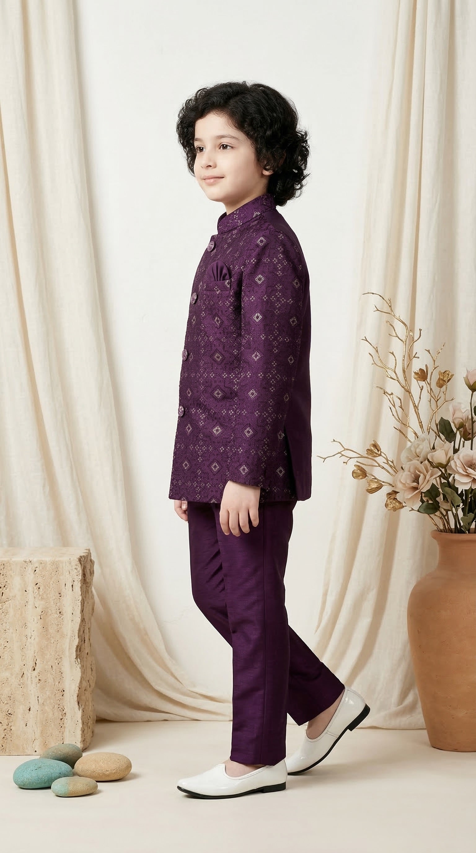 Ahhaaaa Boys Designer Jodhpuri Bandhgala Suit Set - Wine, Pink, Cream (2-11 Years)