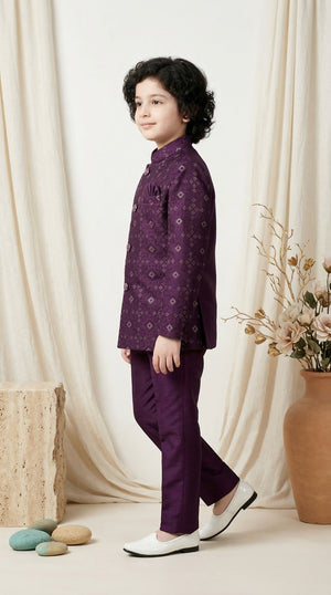 Ahhaaaa Boys Designer Jodhpuri Bandhgala Suit Set - Wine, Pink, Cream (2-11 Years)