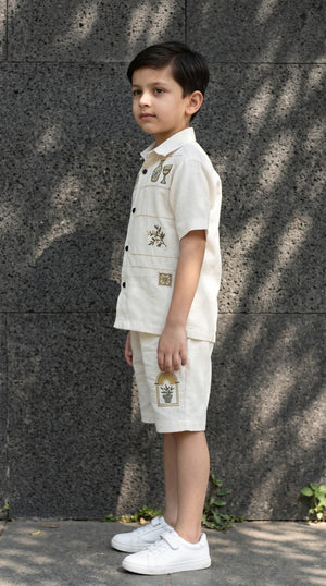 Ahhaaaa Boys Embroidered Summer Co-ord Set - Beige Shirt & Shorts (1-7 Years)
